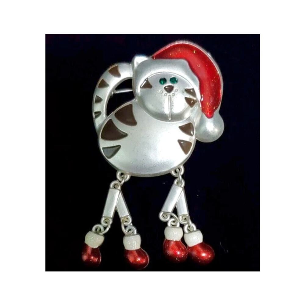 VTG Signed Christmas Cat Santa Kitty Brooch Pin Silver Dangling Legs Green Eyes